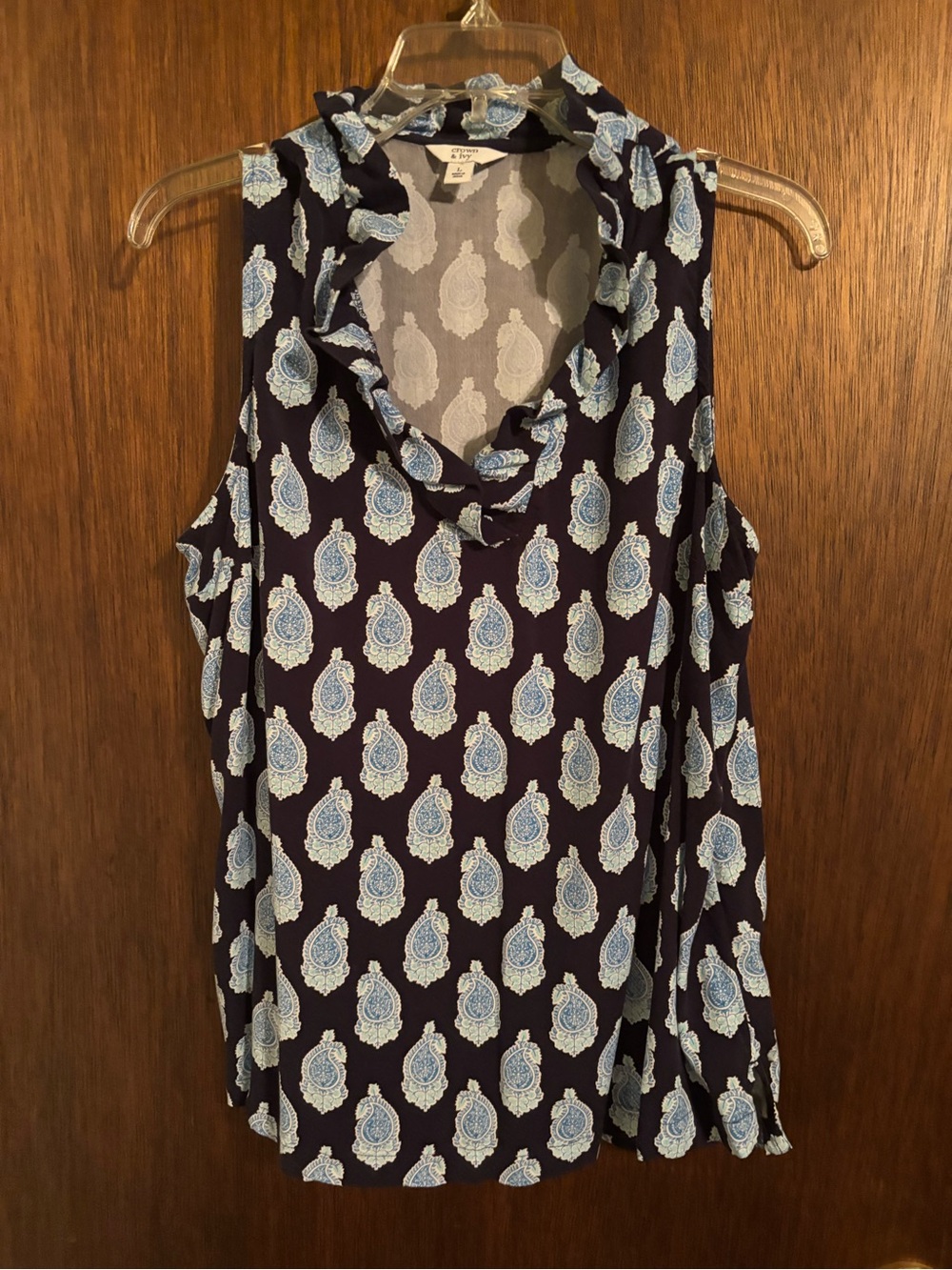 crown & ivy Navy Sleeveless Cowl Neck Tank with Light Blue Paisley